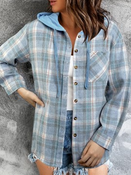 Plaid Print Hooded Jacket, Casual Drawstring Long Sleeve Button Front Outerwear For Spring & Fall, Women's Clothing