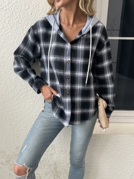 Plaid Print Hooded Jacket, Casual Drawstring Long Sleeve Button Front Outerwear, Women's Clothing