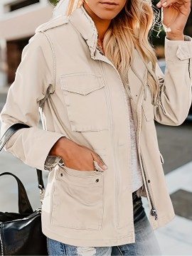 Solid Stand Collar Long Sleeve Pockets Jacket, Winter Warm Zipper Button Casual Outerwear, Women's Clothing