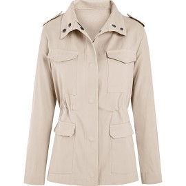 Solid Stand Collar Long Sleeve Pockets Jacket, Winter Warm Zipper Button Casual Outerwear, Women's Clothing