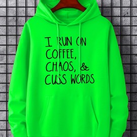 I Run On Coffee Print Hoodie for Men - Casual Graphic Design Pullover Sweatshirt with Kangaroo Pocket - Streetwear for Winter Fall