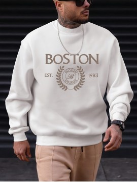 Boston Letter Pattern Men's Pullover Sweatshirt - Casual Long Sleeve Top for Autumn/Winter